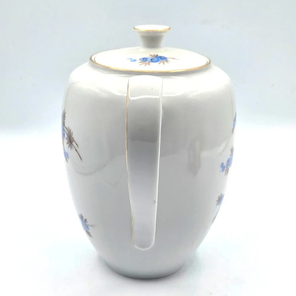 VINTAGE Bavarian Fine China Porcelain TeaPot Delicate Blue Floral Gold‎ Trim